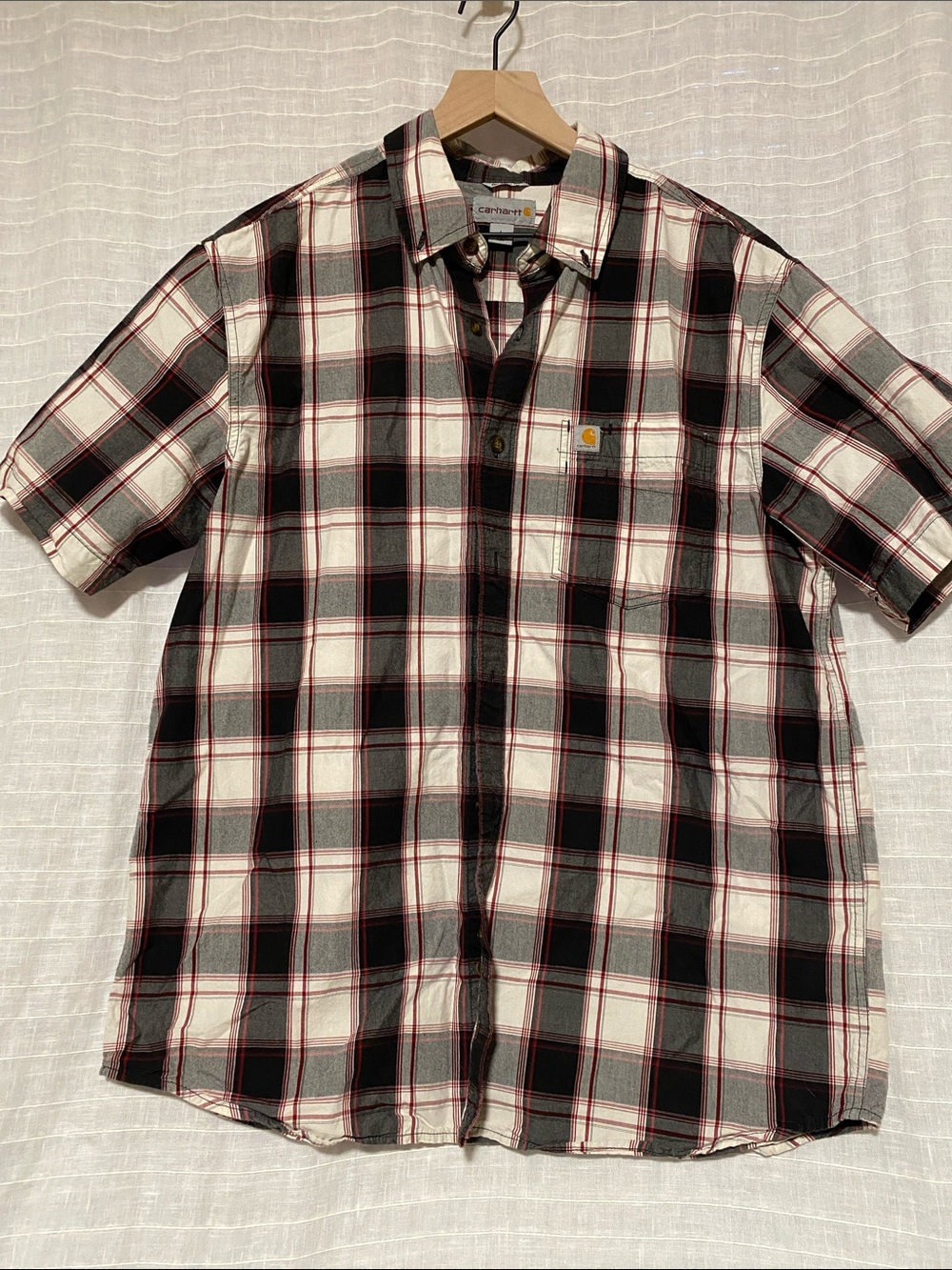 Carhartt Men’s Short-Sleeve Plaid Button-Down Shirt - Black, White & Red Trim
